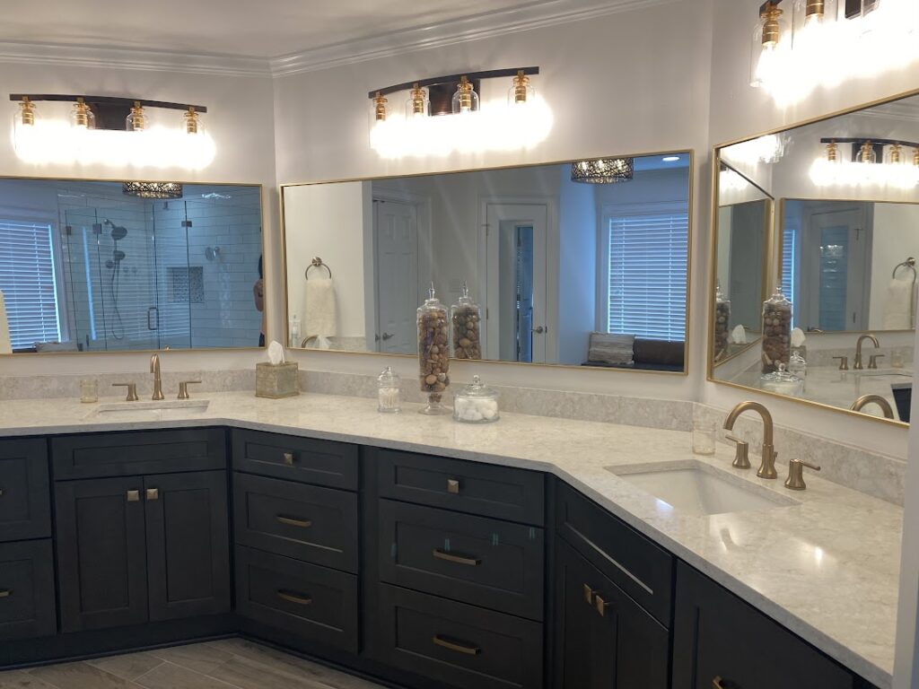 "Luxury Bathroom with Dark Cabinets, Gold Hardware & Quartz Countertops "