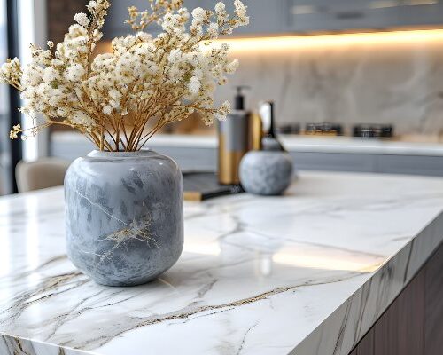 Marble Stone Counter on Stylish Kitchen Interior background