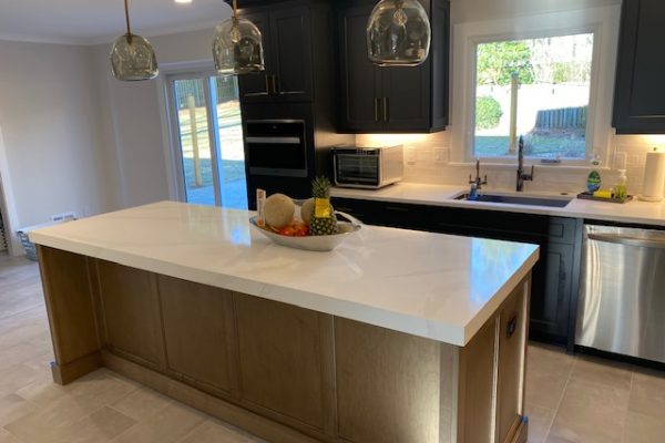 "Modern Kitchen with Wood Island, White Quartz Countertops & Stainless Steel "