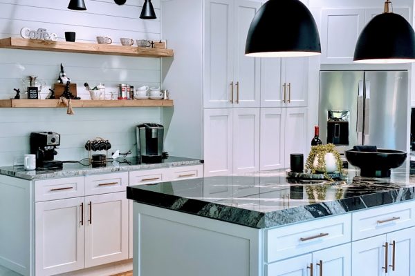 Modern Kitchen with White Cabinets, Granite Countertops & Pastel Backsplash